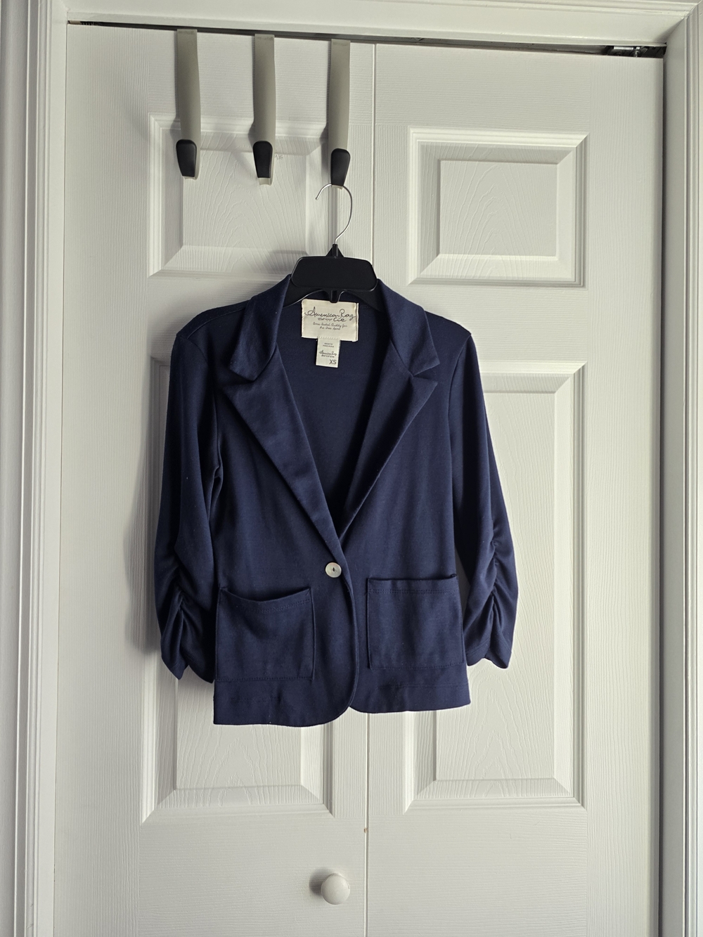 American Rag Navy Single-Button Blazer with Ruched 3/4 Sleeves Size XS